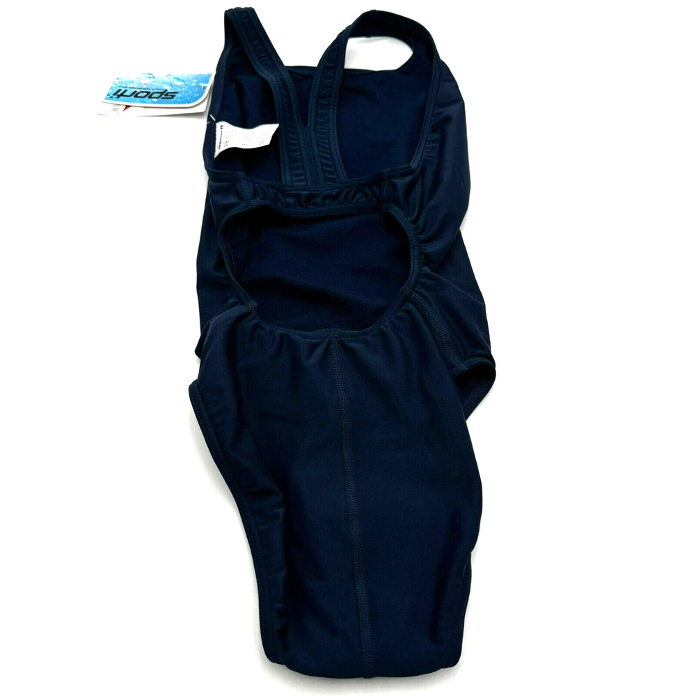 SPORTI NWT Size 28 Navy Blue Solid Wide Strap One Piece Swimsuit Competitive - Picture 3 of 9